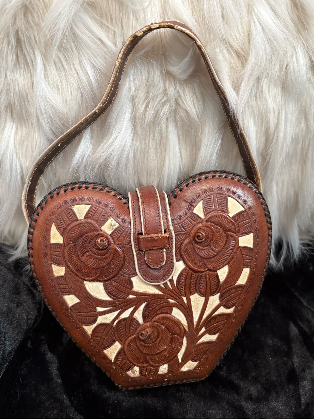Vintage Handcrafted Brown Floral Heart Shoulder Bag